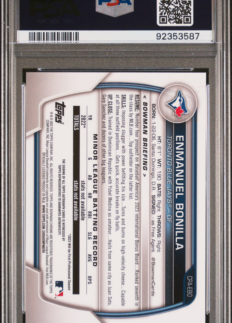 2023 Bowman Chrome Prospect Autographs Enmanuel Bonilla #CPAEBO Blue Ref PSA 10