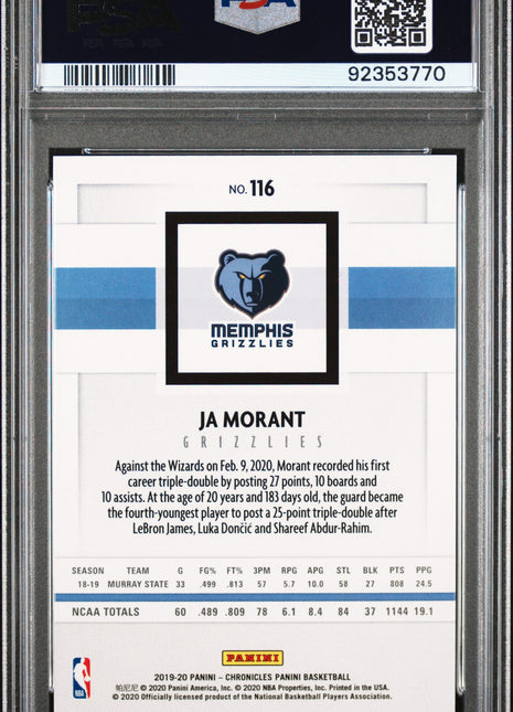 2019 Panini Chronicles Ja Morant #116 PSA 7