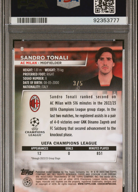 2022-23 Topps Stadium Club Chrome UEFA Club Competitions Sandro Tonali #8 Red Refractor PSA 9