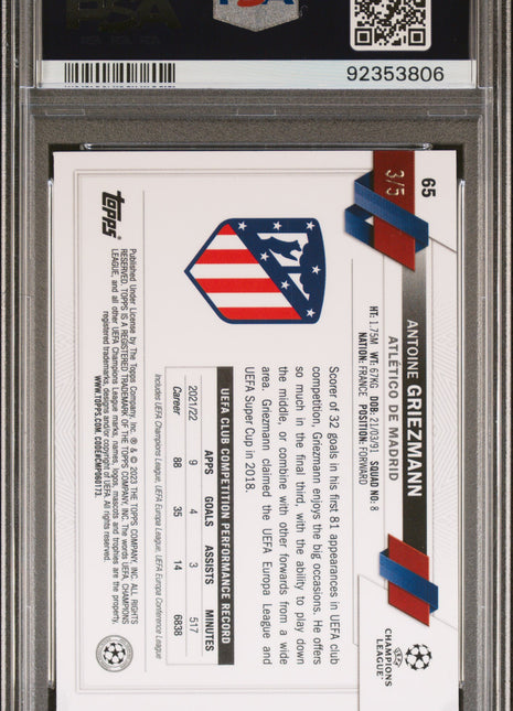 2022 2023 Topps Chrome UEFA Club Competitions Antoine Griezmann #65 Red Refractor PSA 8