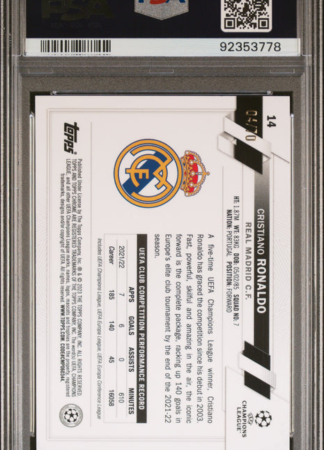 2022-23 Topps Chrome Sapphire Edition UEFA Club Competitions Cristiano Ronaldo #14 SP Green PSA 9