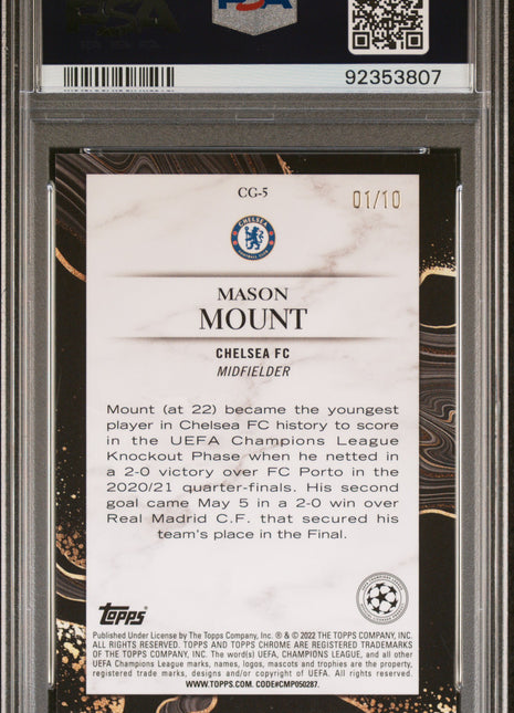 2021 Topps Chrome UEFA Champions League Chasing Glory Mason Mount #5 Red Refractor PSA 10