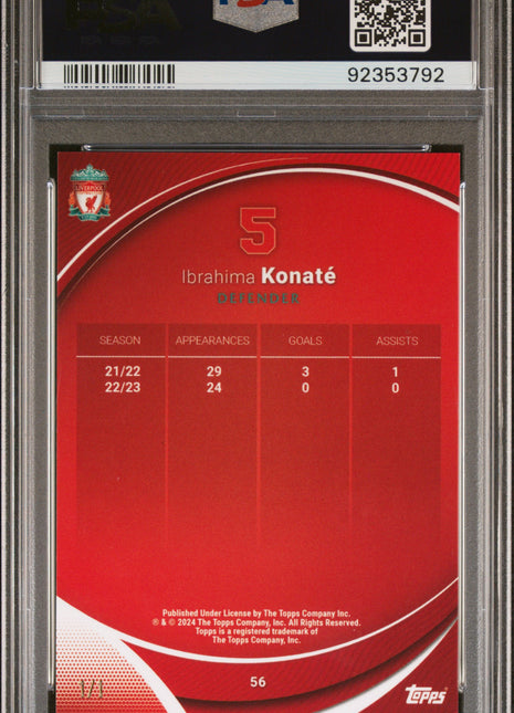 2023-24 Topps Chrome Liverpool FC Ibrahima Konate #56 Superfractor 1 1 PSA 8