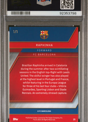 2022 Topps Chrome FC Barcelona Mes Que Un Club Raphinha #25 Superfractor 1 1 PSA 9