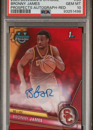 2023 Bowman University Chrome Bowman Chrome Prospects Autographs Bronny James #BJ Prospects Auto Red Ref PSA 10