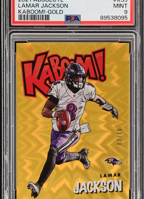 2021 Panini Absolute Kaboom! Lamar Jackson #K35 Kaboom! Gold PSA 9