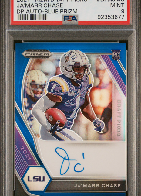 2021 Panini Prizm Draft Picks Draft Picks Autographs Ja'marr Chase #DPAJMC DP Blue PSA 9