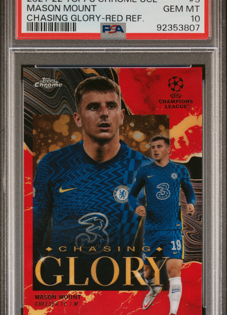 2021 Topps Chrome UEFA Champions League Chasing Glory Mason Mount #5 Red Refractor PSA 10