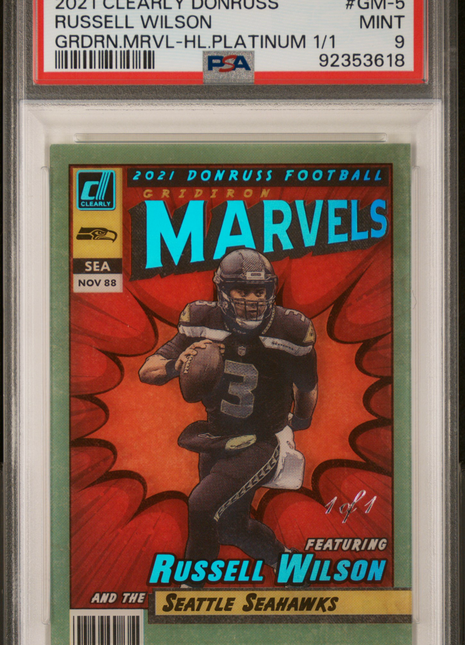 2021 Panini Clearly Donruss Gridiron Marvels Russell Wilson #GM-5 Grdrn. Mrvl HL. Platinum 1 1 PSA 9