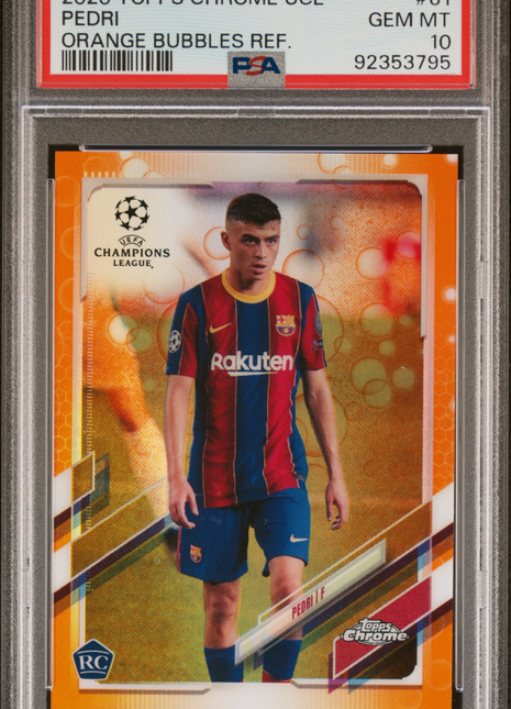 2020 Topps Chrome UEFA Champions League Pedri #61 Orange Bubbles Refractor PSA 10