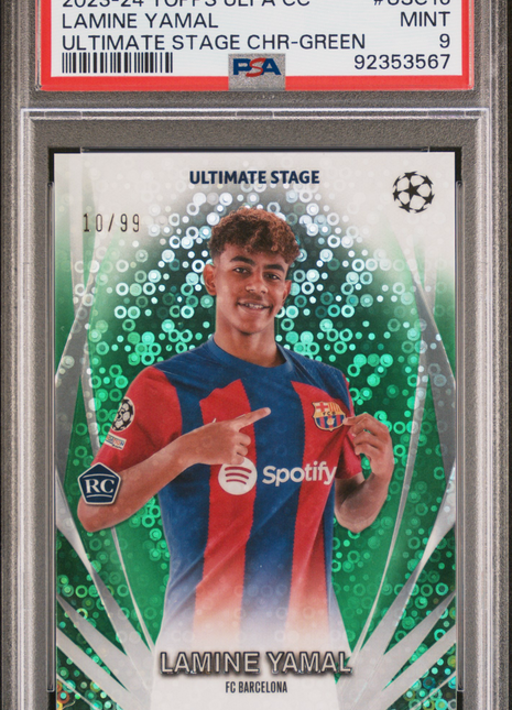 2023-24 Topps UEFA Club Competitions Ultimate Stage Chrome Lamine Yamal #USC16 Green PSA 9