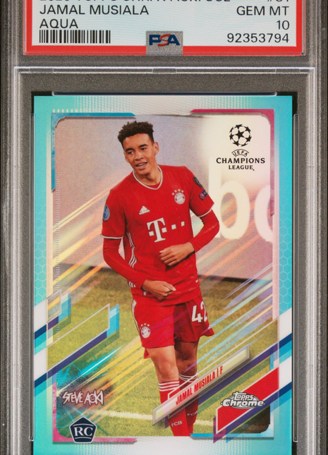 2020 Topps Chrome X Steve Aoki UEFA Champions League Neon Future Jamal Musiala #81 Aqua PSA 10