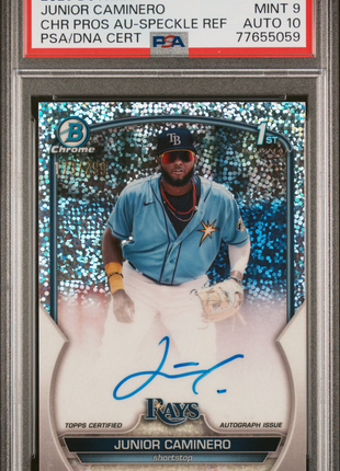 2023 Bowman Chrome Prospect Autographs Junior Caminero #CPAJCR CHR Pros Au Speckle Ref PSA 9 Auto 10