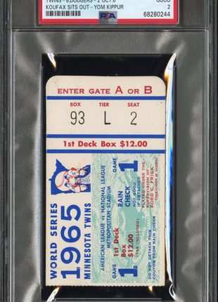 Sandy Koufax Sits Out for Yom Kippur Ticket GM 1 1965 WS Stub - PSA 2